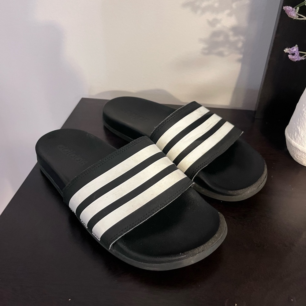 Adidas Black and White Strip Slide Sandals